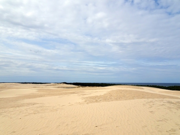 Paesaggio della spiaggia sabbiosa sotto un cielo nuvoloso blu a Leba, Polonia