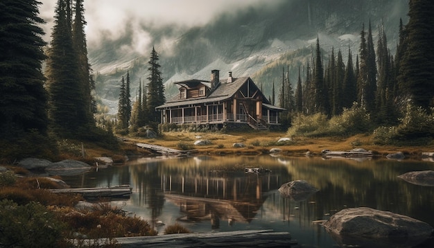 Paesaggio di bellezza con scena di casa e lago generata dall'intelligenza artificiale