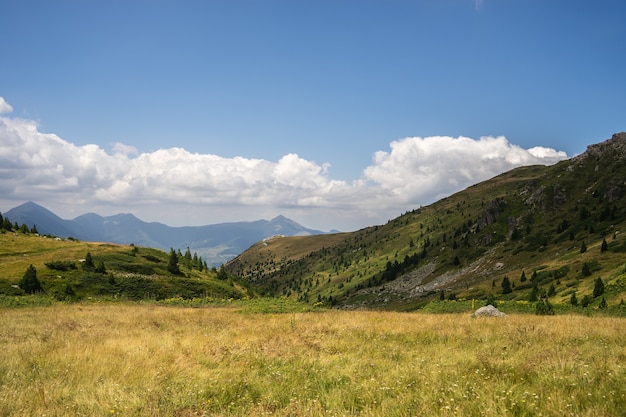 Paesaggio di colline ricoperte di vegetazione con montagne rocciose sotto un cielo nuvoloso