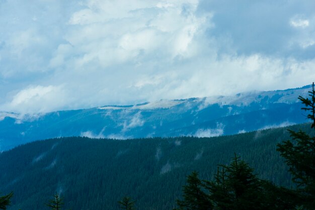 Paesaggio di montagna a strati nel cielo blu nebbia con nuvole
