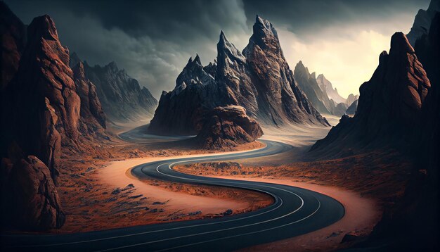 Paesaggio di montagna al crepuscolo asfalto curve avanti avventuroso guidare AI generativo