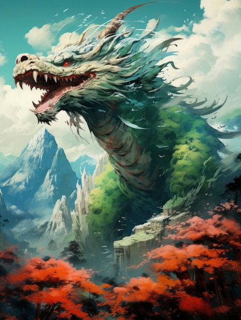 Paesaggio di montagna con scena in stile fantasy