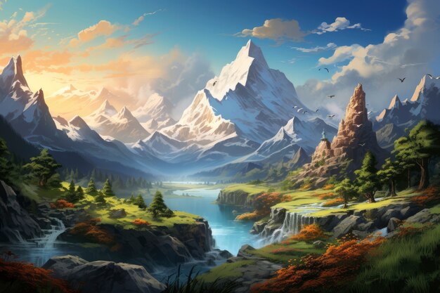 Paesaggio di montagna con scena in stile fantasy