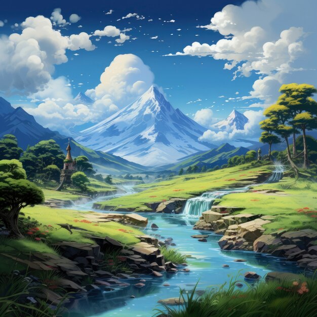 Paesaggio di montagna con scena in stile fantasy