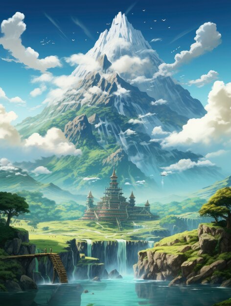 Paesaggio di montagna con scena in stile fantasy
