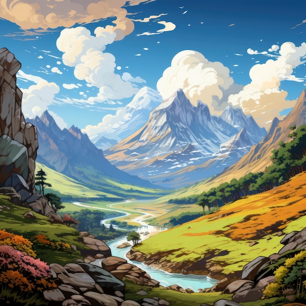 Paesaggio di montagna con scena in stile fantasy