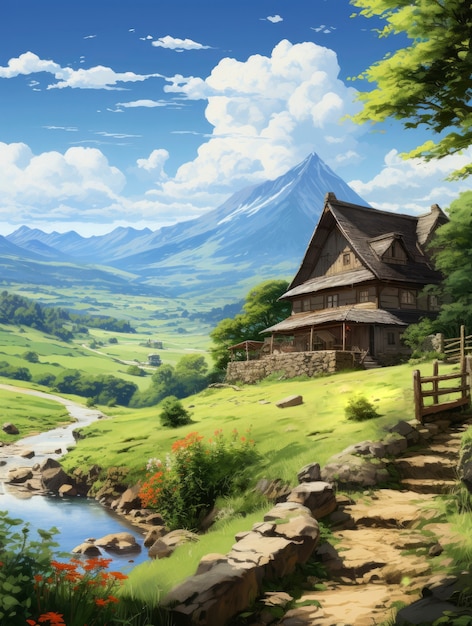 Paesaggio di montagna con scena in stile fantasy