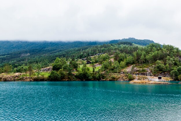 Paesaggio di montagna verde con lago idilliaco blu