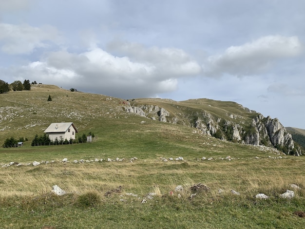 Paesaggio di montagne rocciose ricoperte di verde sotto un cielo nuvoloso - perfetto per gli sfondi