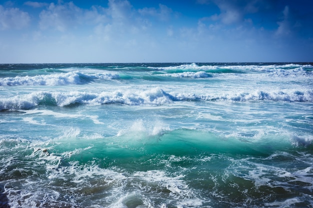 Paesaggio di un mare ondoso sotto la luce del sole e un cielo blu