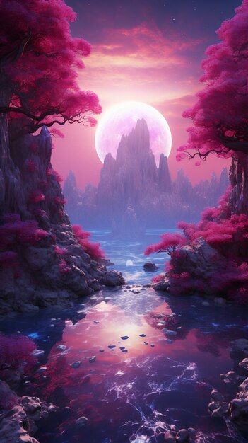 Paesaggio fantasy magenta con la natura