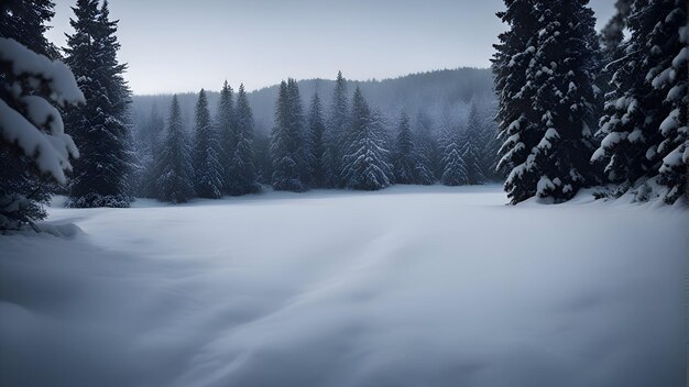 Paesaggio invernale con abeti innevati in una foresta nebbiosa Panorama