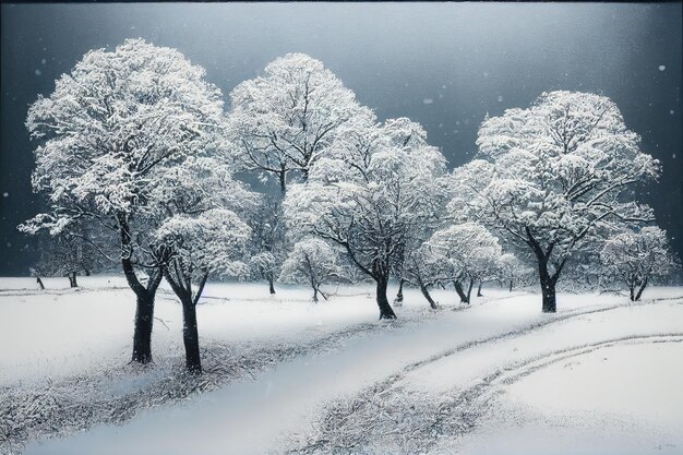 Paesaggio invernale foresta invernale strada invernale e alberi coperti di neve colpo panoramico germania