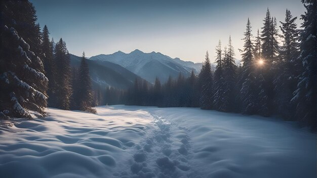 Paesaggio invernale innevato con abeti innevati in montagna