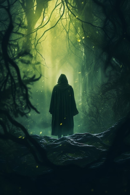 Paesaggio ispirato a un videogioco mitico con un umano in una foresta verde