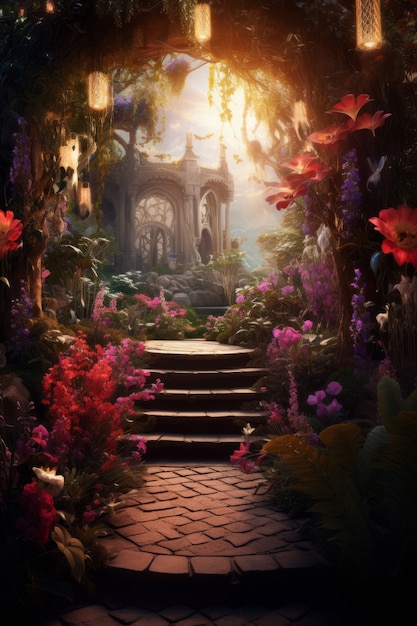 Paesaggio ispirato a videogiochi mitici con fiori e architettura