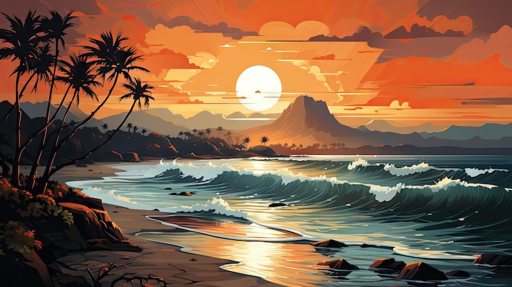 Foto gratuito paesaggio marino in stile cartone animato con il tramonto