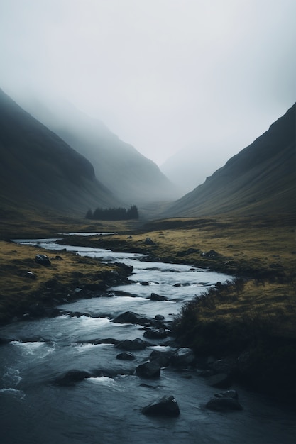 Paesaggio montano della natura con il fiume