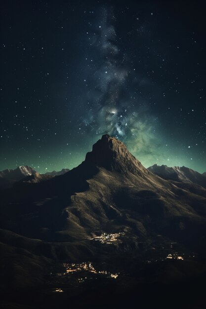 Paesaggio naturale con montagne e cielo notturno stellato