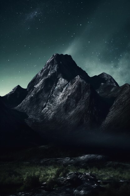 Paesaggio naturale con montagne e cielo notturno stellato