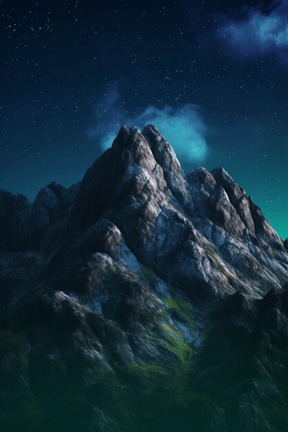 Paesaggio naturale con montagne e cielo notturno stellato