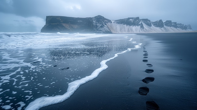 Paesaggio naturale con sabbia nera sulla spiaggia