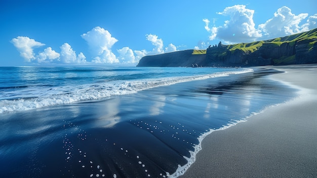 Paesaggio naturale con sabbia nera sulla spiaggia