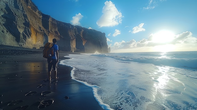 Paesaggio naturale con sabbia nera sulla spiaggia