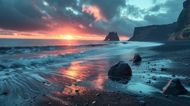 Paesaggio naturale con sabbia nera sulla spiaggia