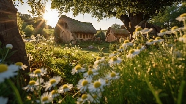 Paesaggio naturale con vegetazione e casa in stile capanna