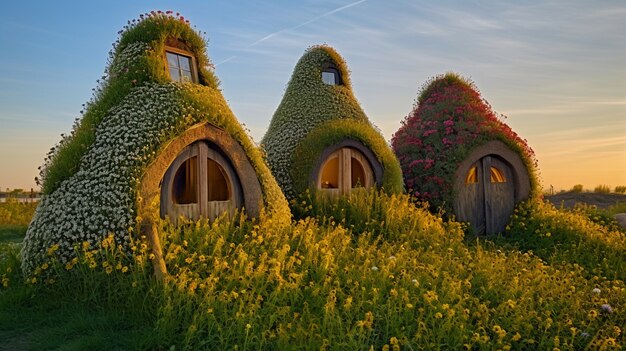 Paesaggio naturale con vegetazione e casa in stile capanna