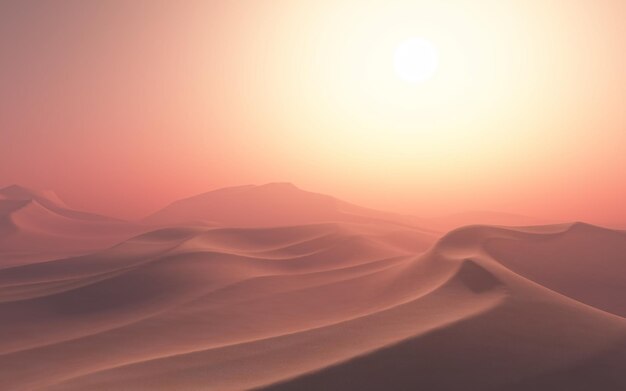 Paesaggio nebbioso del deserto 3D al tramonto