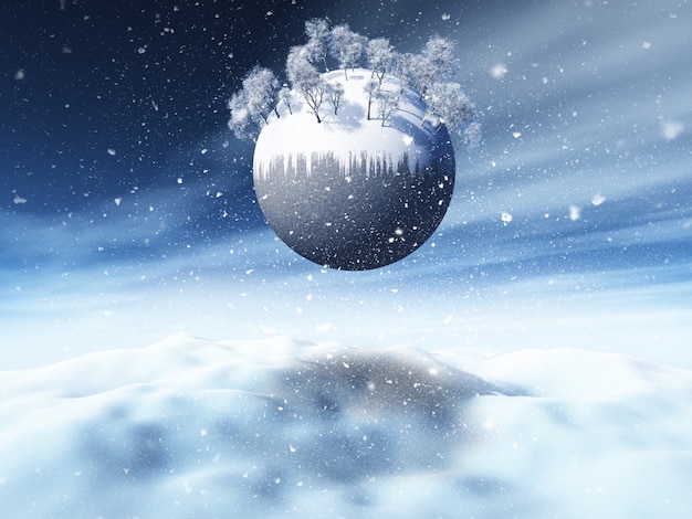 Paesaggio nevoso di natale 3D con gli alberi di inverno sul globo