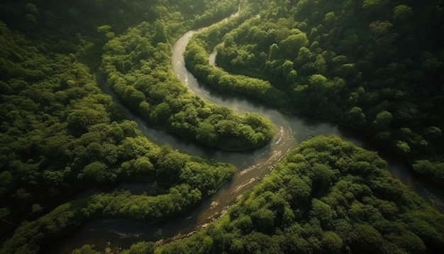 Paesaggio verde con alberi vicino all'acqua corrente generata dall'IA