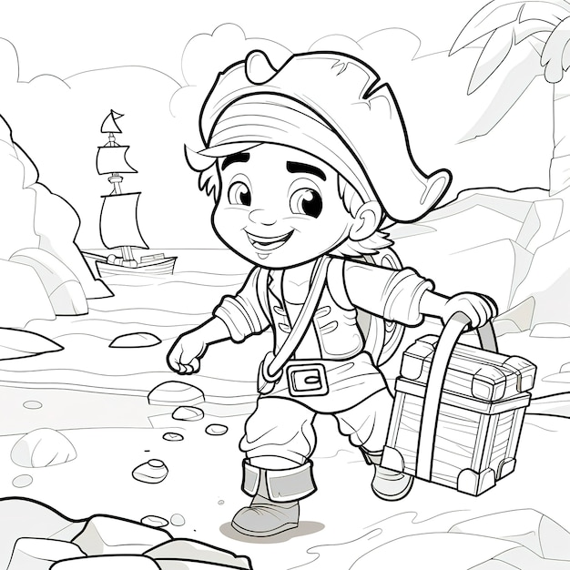 Pagina da colorare monocromatica con pirati in stile line art