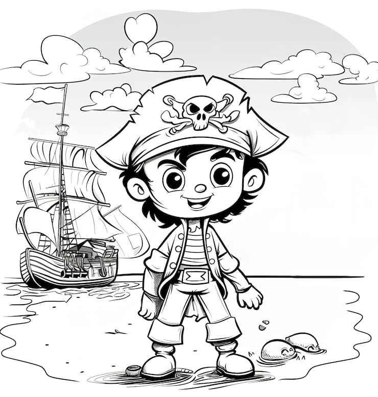 Foto gratuito pagina da colorare monocromatica con pirati in stile line art