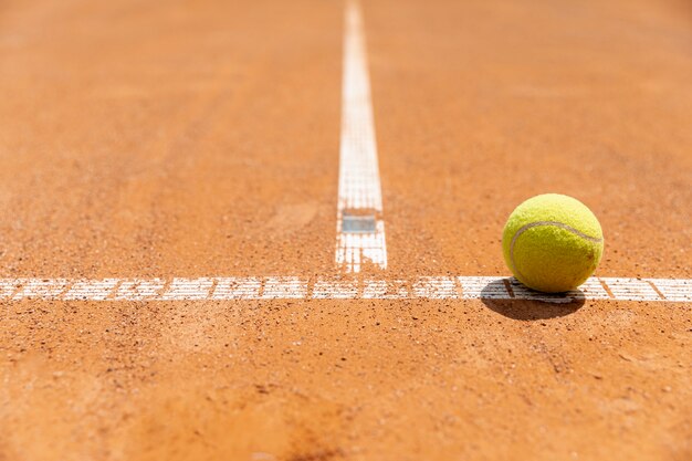 Pallina da tennis del primo piano sulla terra del campo