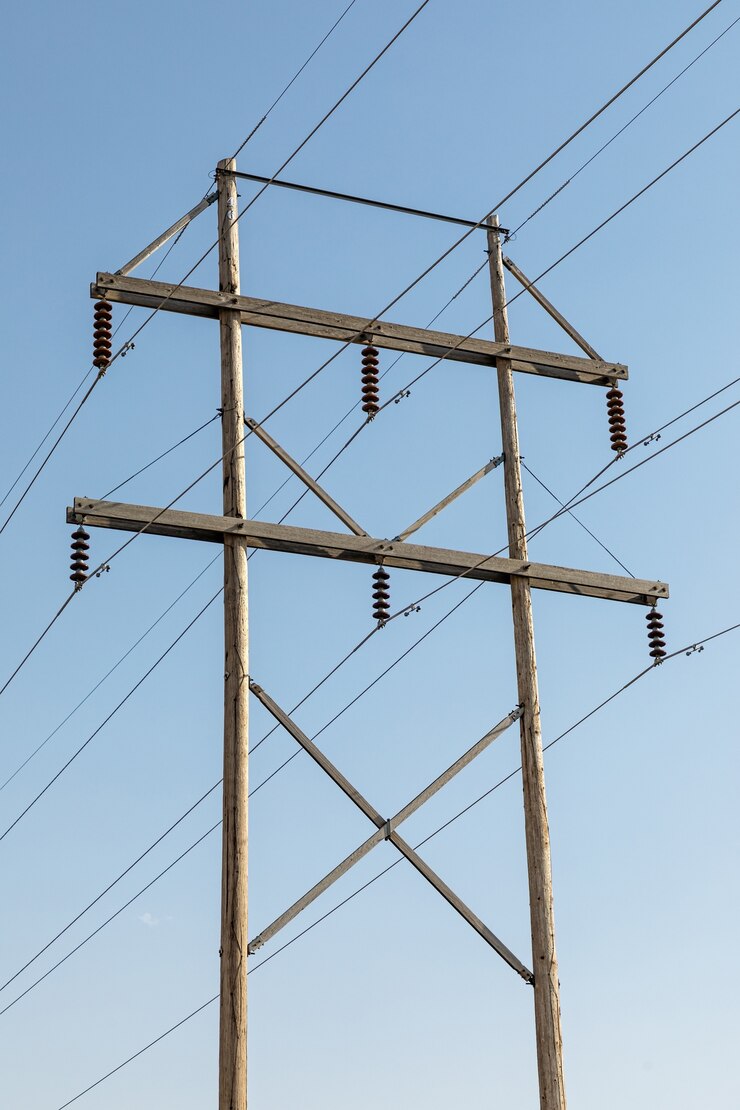 Palo elettrico in legno con cielo blu