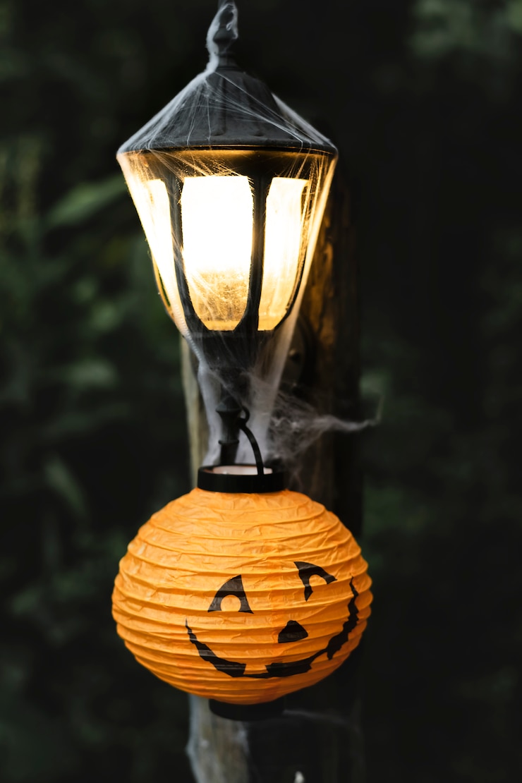 Foto gratuito palo luminoso con ragnatela ad halloween