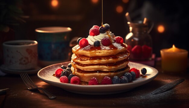 Pancake ai frutti di bosco fatti in casa appena sfornati con sciroppo dolce generato dall'intelligenza artificiale