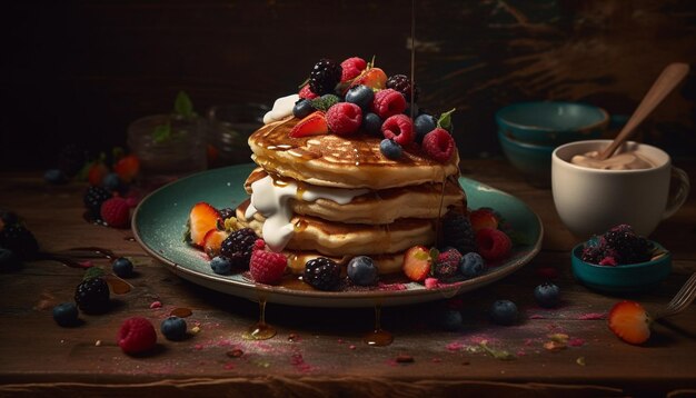 Pancake ai frutti di bosco fatti in casa con cioccolato e sciroppo generati dall'intelligenza artificiale