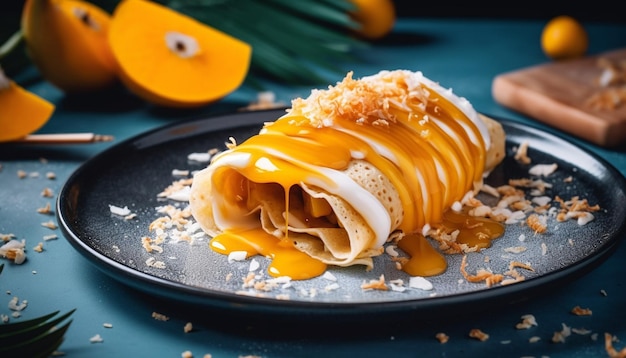 Pancake fatto in casa con sciroppo di cioccolato alla frutta e miele generato dall'IA