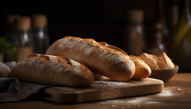 Pane appena sfornato sul tavolo in legno fascino rustico generato dall'intelligenza artificiale