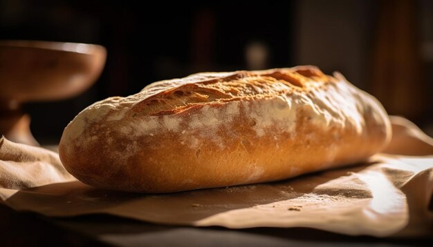 Pane appena sfornato sulla tavola di legno rustica generata da AI