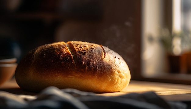 Pane appena sfornato sulla tavola di legno rustica generata da AI