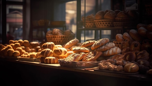 Pane e dolci francesi appena sfornati in abbondanza generati dall'intelligenza artificiale