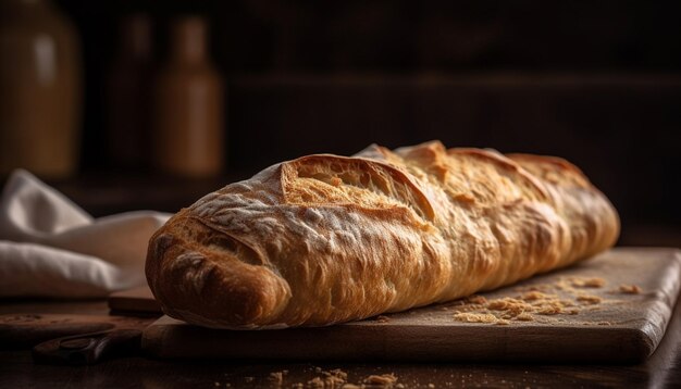 Pane rustico appena sfornato su tavola di legno generato da AI