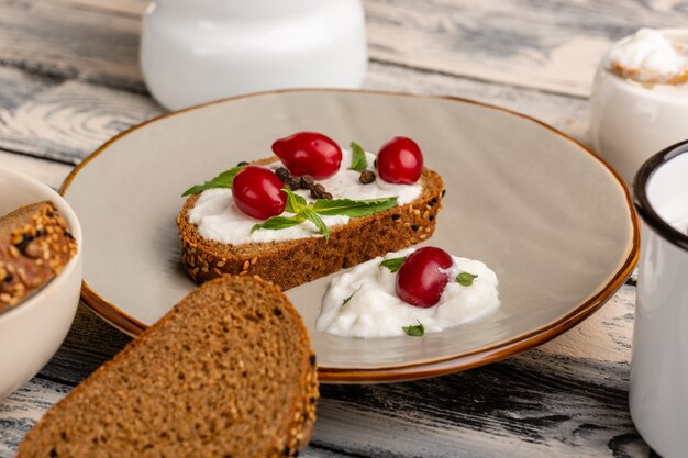 pane tostato con panna acida all'interno del piatto su grigio