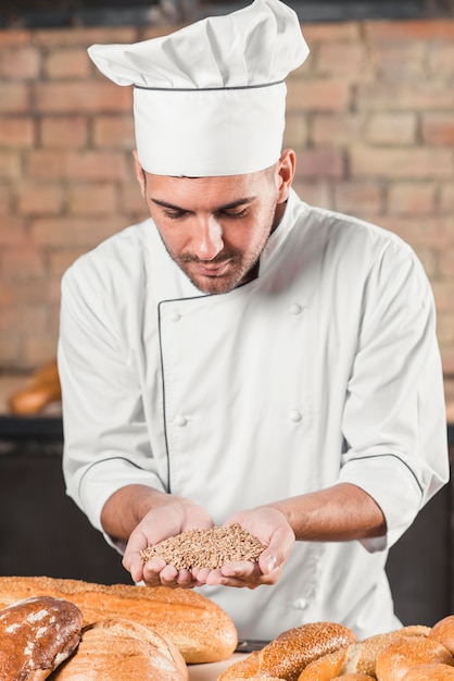 Panettiere maschio che tiene manciata di grano del grano con varietà di pani al forno sul tavolo