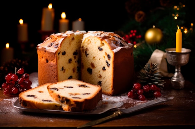 Panettone natalizio tradizionale con sfondo di decorazioni natalizie su tavolo di legno